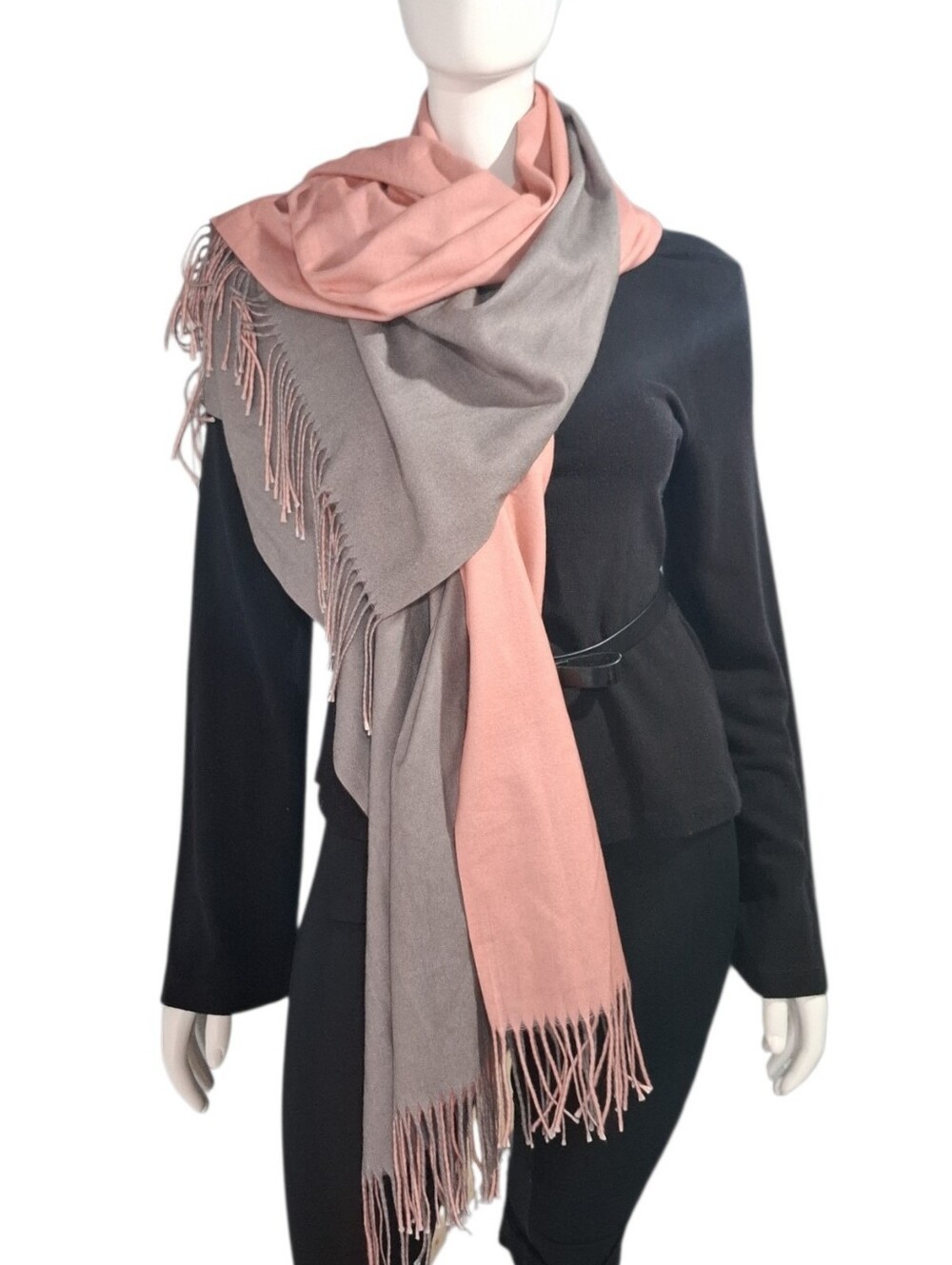 Reversible Cashmere Soft Two-Tone Fringe Women's Scarf - Pink and Gray